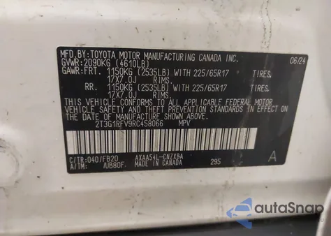 2024 Toyota Rav4 Le из США, поврежденный, VIN 2T3G1RFV9RC458066